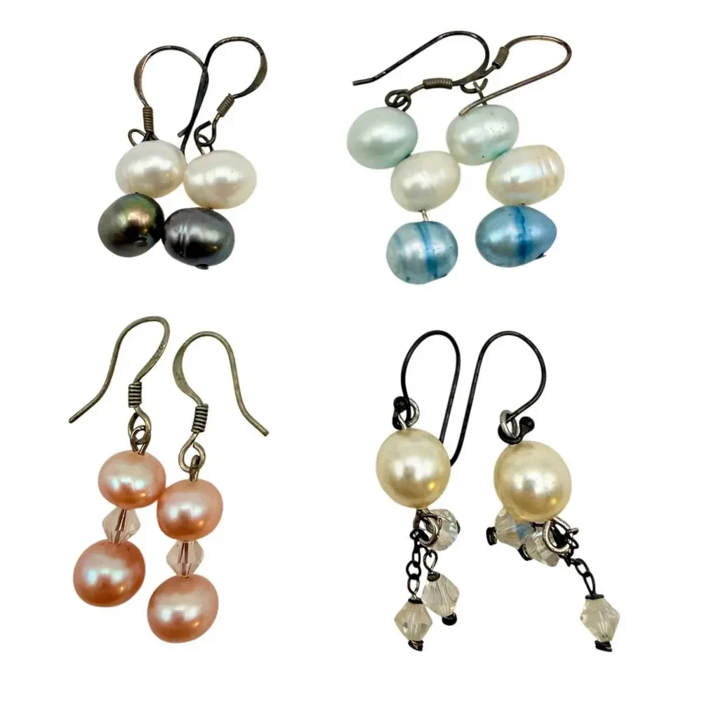 Lot 4 Vtg Pearl Earrings 925 Sterling Silver Beaded Dangle Drop White Pink Blue